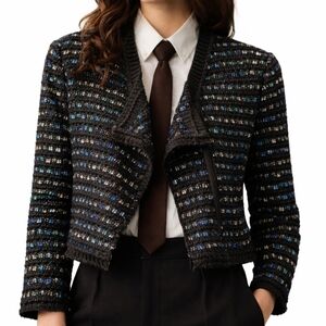 WHBM Blue Tweed Moto Jacket M NWT Dark Academia Goth Boho Chic Fringe Structured